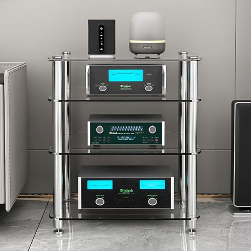 Meuble TV moderne en verre avec étagères en verre trempé - Élégant support AV pour Xbox et consoles de jeu - Support multimédia élégant pour composants audio et vidéo - Design transparent