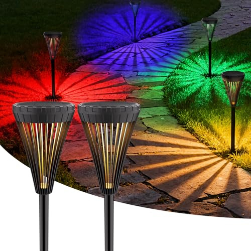 OUSFOT Solarlampen für Außen, 2 Stück | RGB und Warmes Licht, IP65 Wasserdicht, 2 in 1 Solarleuchten, Für Garten, Partydekoration, Halloween, Weihnachten