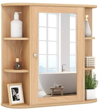 GOPLUS Spiegelschrank Holz mit Ablagen, Badschrank mit Spiegel, Hängeschrank Wandschrank Bad, 66 x 63 x 16,5 cm (Natur)