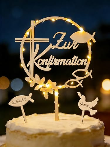 Tortendeko Konfirmation mit LED Lichterkette, Cake Topper Zur Konfirmation aus Holz & Fisch Taube Kuchen Deko, Tortenstecker Deko Junge Mädchen Geschenke Gastgeschenke, Konfirmationsgeschenke