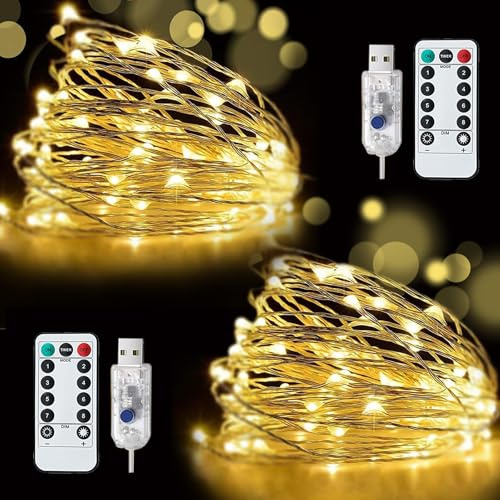 [2 Pack] 12M/40Ft USB Fairy Lights, 120LED Plug in Fairy Lights Waterproof | 8 Modes Copper Wire String Lights with Remote Control for Indoor/Outdoor Bedroom Party Wedding Christmas Decor(Warm White)