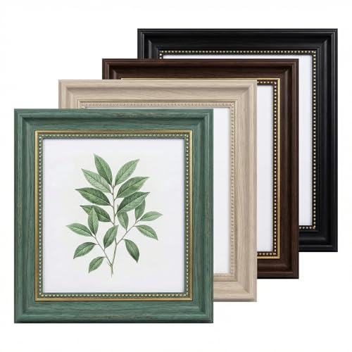 4 Stück Bilderrahmen Vintage Set, 10x10 cm Bilderrahmen Retro Quadrat, Fotorahmen zum Aufstellen und Aufhängen, Fotorahmen für Wohnzimmer, Schlafzimmer, Büro Galerie(Schwarz, Kaffee, Holzweiß, Grün)