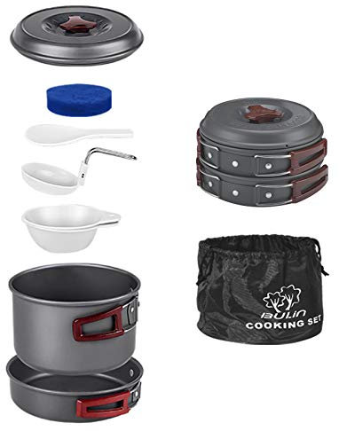 Bulin Camping-Kochgeschirr-Set, Rucksack, tragbar, Lagerfeuer, Kochtöpfe, Pfannen, Wasserkocher, Set, leicht, langlebig, Kochausrüstung für offenes Feuer, Wandern, Outdoor (BPA-freie Schüsseln,