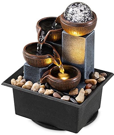 Tabletop Fountain 4 Level Tabletop Waterfall Indoor Meditation Fountain Office Home Relax Desktop Waterfall Pool Includes Many Natural River Rocks LED Lights Fixed Decorative Bubble Ball1