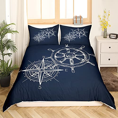 Homemissing Blau Ozean-Serie Bettwäsche Leinen Kompass Ruder Bettwäsche 135x200cm Dunkelblau Retro Navigation Thema Bettbezug Set mit 1 Kissenbezug 80x80cm Leichte Mikrofaser für Jugendliche Männer
