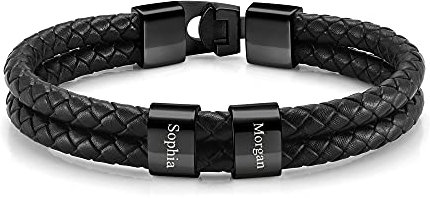 PiercingJak Herren Armband mit Gravur 2 Namen Männer Lederarmband geflochten Schwarz Echtleder Wickel Edelstahl Namensperlen ID Armreif Charm Schmuck Personalisierte Geschenke für Mann