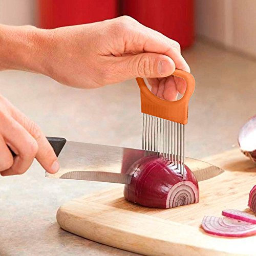 Kitchen Cutting Tool Slicer, Tomato Onion Vegetables Slicer Cutting Aid Holder Guide Slicing Cutter Safe Fork Stainless