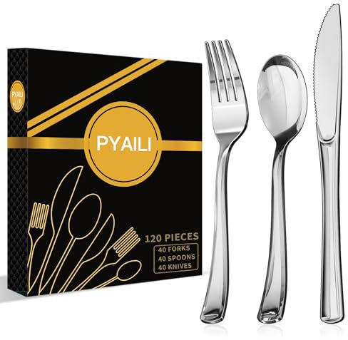 PYAILI Juego de Cubiertos de Plástico - 120 Piezas Juego de Cubiertos Pesados Plateados,Cubiertos de Plástico Reutilizables Incluye 40 Tenedores, 40 Cucharas, 40 Cuchillos