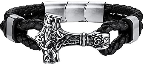 FaithHeart Wikinger Armreif herren männer Mjölnir Lederarmband Punk Armband Retro Thors Hammer 23cm lang Viking Schmuck mit Geschenkebox für Vatertag Geburtstag