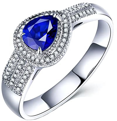 Ringe Schmuck Mädchen, Ringe für Frauen Große S 18 Karat (750) Weißgold mit Blau Tropfenschliff Saphir Größe 52 (16,6)