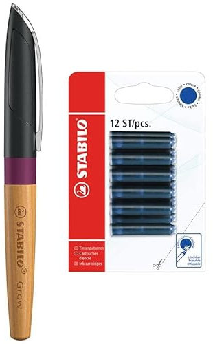 STABILO - Klimaneutraler Füller - Grow in pflaumenrot/Kirsche + Tintenpatronen zum Nachfüllen - Refill - 12er Pack - blau