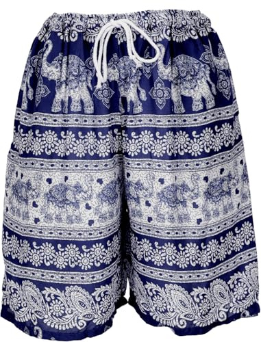 GURU SHOP Leichte Shorts, Kurze Unisex Hose mit Elefanten-Print - Blau, Damen