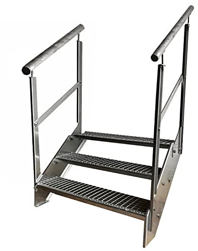 Premium Caillebotis acier Escalier à limon 3 Marches Entièrement galvanisé avec garde-corps des deux côtés - Dimensions (L x l x H) 63cm x 120cm x 57cm