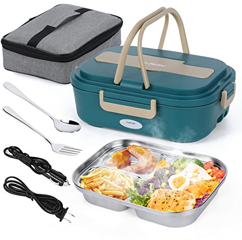 CJOIAW Lonchera eléctrica a prueba de fugas, calefacción de alimentos de 12 V, 24 V, 110 V, calentador portátil para coche/camión/hogar, loncheras calentadas para adultos, contenedor de acero