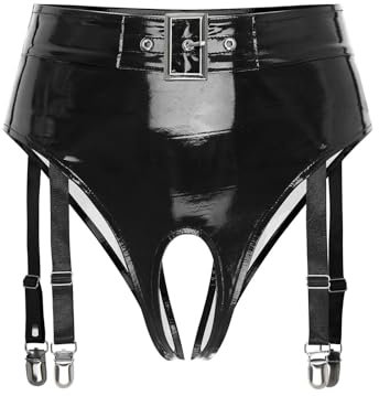 Jowowha Wetlook String Damen Ouvert Slip Panties Tanga mit Strumpfhalter Lack Leder Frauen Höschen Sexy Dessous Erotik Unterwäsche Schwarz 4XL