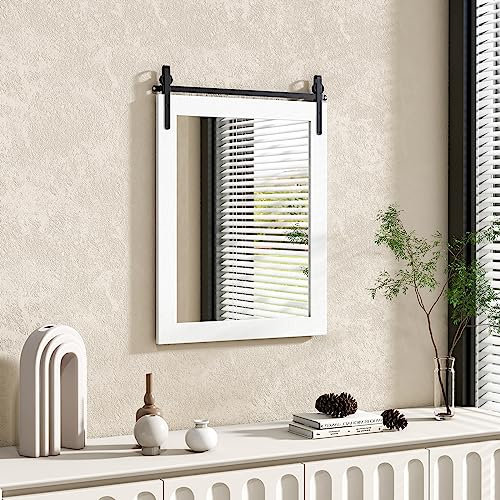 COSTWAY Miroir Mural Rustique avec Cadre en Bois Massif, Miroir Suspendu avec Kit pour Porte de Grange, Miroir Décoratif de Style Vintage pour Couloir, Salon, Chambre à Coucher, 76 x 56 CM (Blanc)