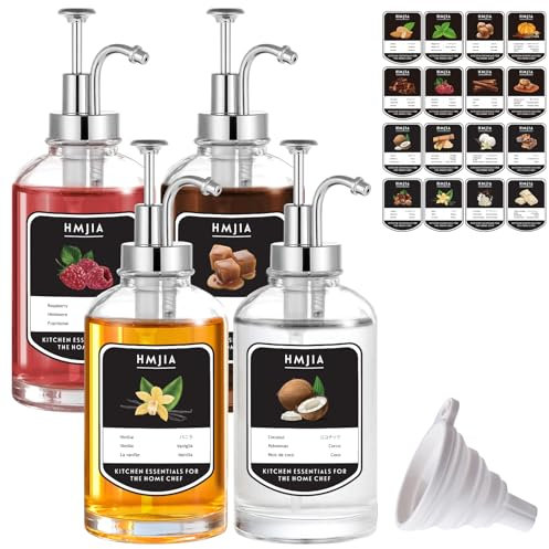 HMJIA Dispensador de Jarabe de Café 500 ML de Vidrio con Bomba y 16 Etiquetas Dispensadores Vainilla Caramelo Arcepara Bares y Accesorios para Bares Cafeterías y Cocinas (500ml - 4 Pcs, Ronda Plata)