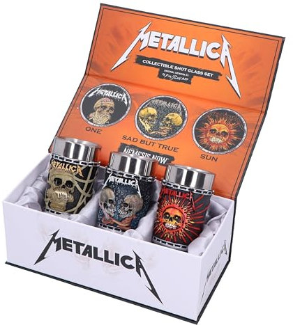 Nemesis Now Metallica Pushead Art Schnapsglas 3er Set, Harz, Offiziell lizenziertes Metallica Merch, herausnehmbare Edelstahleinsätze, Premium Geschenkbox, aus feinstem Harz gegossen, fachmännisch