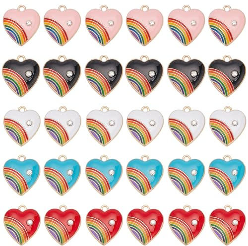 SUNNYCLUE 30 Stück 5 Farben Regenbogen Herz Charm Regenbogen Liebes Charms Herz Regenbogen Charms Metalllegierung Strass Goldener Liebes Gay Pride Regenbogen Streifen Süße Charms Masse Für Die Schmuck