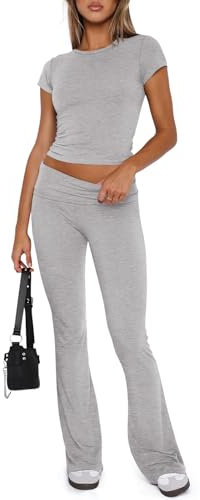 REORIA Damen Freizeitoutfits weiches kurzärmliges bauchfreies Top umklappbare Schlaghose Y2K 2 teiliges Trainingsanzüge Lounge Set Heidegrau S