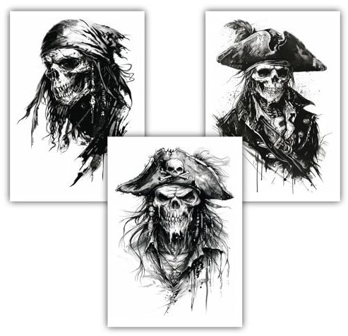 Samunshi® 3x Poster Totenkopf Kunstdruck Set mit Piraten Piratenschiff Motiven Bilder für Jugendzimmer Deko Geschenk DIN A3 29,7x42cm
