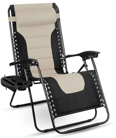 SG Traders Zero Gravity Chair - Reclining Outdoor Sun Lounger, Relaxer Chair for Patio Decking Gardens Camping, Folding Chairs with Cup Holder and Adjustable Headrest Sunlounger (Pack 1 - Black Cream)