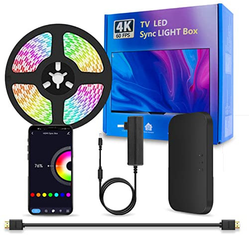DoHome TV Backlight Led Lights HDMI Box for 55-85 Inch TVs, 5m RGB Wi-Fi TV LED Backlight Image Sync APP and Voice Control TV LED Strip with Multiple Modes