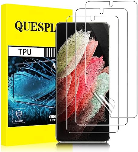 QUESPLE [3 Stück] Schutzfolie für Samsung Galaxy S21 Ultra 5G TPU Folie, Anti-Kratzen, HD Klar Blasenfreie Weich Samsung S21 Ultra Display Schutz, Fingerabdruck-ID Unterstützen