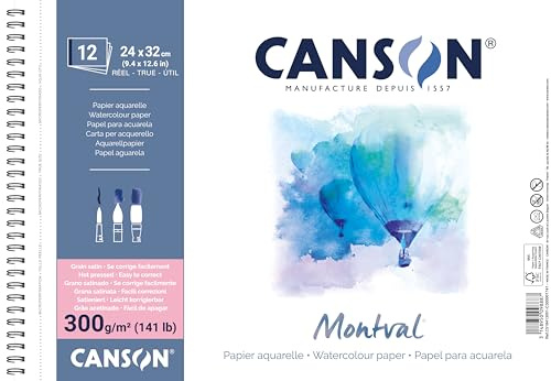 CANSON Montval Aquarellpapier Spiralblock, Satin, 300 g/m², 12 Blatt, 24 x 32 cm