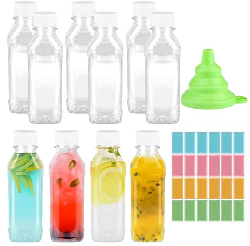 FAMCUCHE 10 Pcs 230ml Plastic Juice Bottles With Lids, Clear PET Square Shot Bottles, Labels and Funnel, Leak-Proof Small Reusable Containers for Smoothie, Beer, Milk