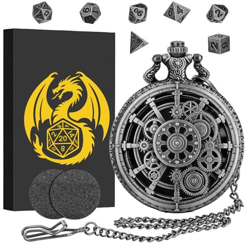 Mini DND Würfel Set mit Steampunk Taschenuhrgehäuse in Dunklem Silber mit Hohlem Zahnrad, 7-teiliges Polyedrisches D&D-Würfelset aus Metall, DND Geschenke, Rollenspiel-Brettspielzubehör, Dunkel Silber