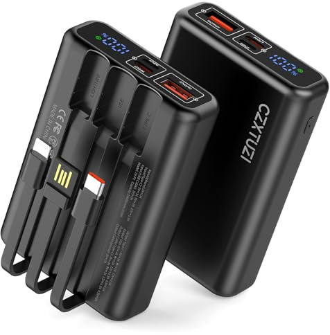 CZXTUZI Fast Charging Portable Charger with Built in Cables,5V 2A 10000mAh Heated Vest Battery Pack,LCD Display Power Bank for Heated Jacket Heated Clothing iPhone Samsung iPad etc.