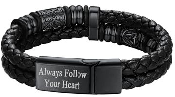 Richsteel Doppelreihiges Leder Armband für Herren mit Magnetverschluss aus Edelstahl Armspange Armband Keltische Elemente 23cm Schwarz personalisierte gravur