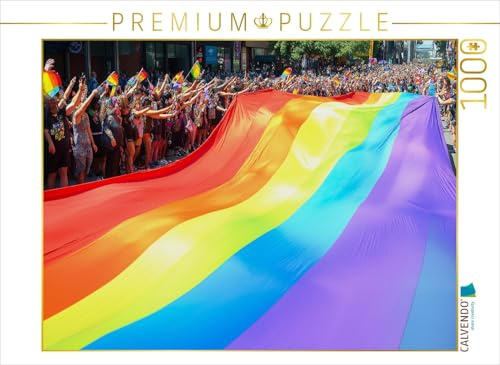 Puzzle · Regenbogenfahne auf LGBTQ-Parade oder CSD | Eine riesige Regenbogenfahne wird von einer jubelnden Menschenmenge… · 1000 Teile · Lege-Größe 64 × 48 cm · CALVENDO Puzzle