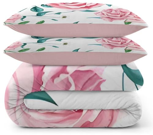 Syhi Mdse Winter White Duvet Cover Double, Warm Soft Double Quilt Cover with Pink Roses Pattern, Thermal Milk Velvet Bedding Set with Zipper Closure, Comforter Cover and 2 Pillowcases, 200x200 cm