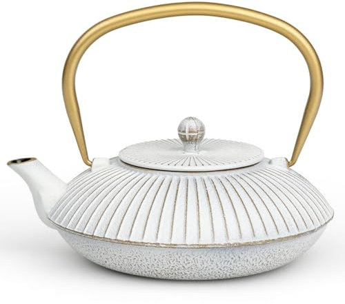 Bredemeijer weiße flache Asia Teekanne Induktion 1.1 Liter - kleine emaillierte Gusseisenkanne mit Edelstahl Teefilter-Sieb-Einsatz