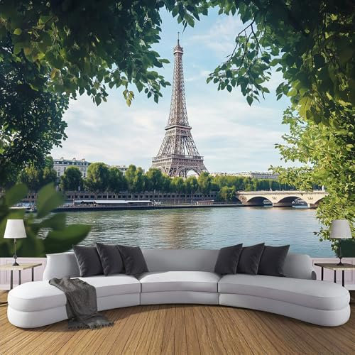 MIATCENRT Paysage D'Été Papier Peint Panoramique, Tour Eiffel Arbres Verts 3D Tissu De Soie Murale, 396X280Cm (L×H) Tapisserie Poster Geant Mural, Décoration Murale Chambre Salon Restaurant