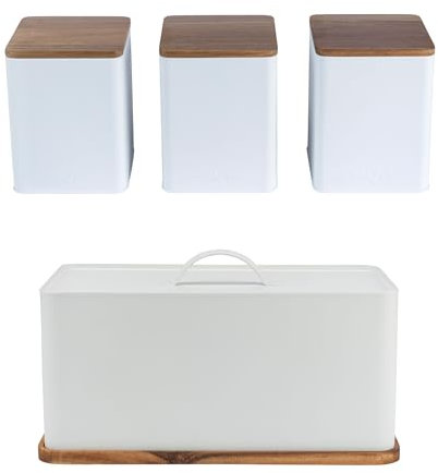 Salter Toronto 4-Piece Countertop Set – Bread Bin, Tea, Sugar, Coffee Canisters, Storage Containers, Powder Coated White Finish, Built in Chopping Board for Cutting/Serving, White/Wooden COMBO-9303