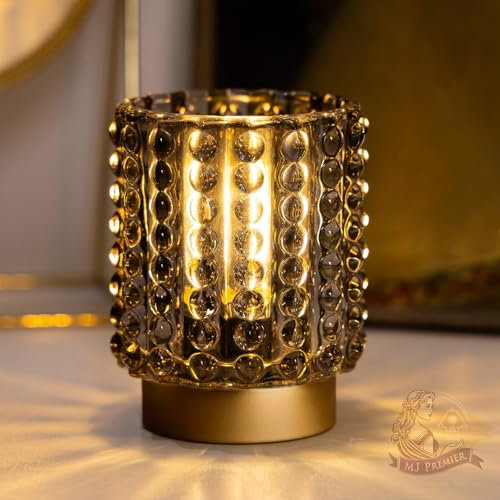 MJ PREMIER Battery Operated Lamp, Crystal Glass Table Lamp with Timer, Cordless Battery Operated Lights, Mini Bedside Lamps, Decorative LED Desk Lamp for Bedroom Living Room, Grey