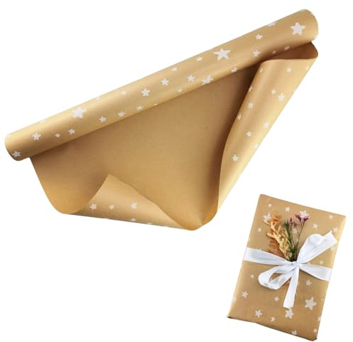 Kraftpapier Breite 43cm Geschenkpapier, Natürliches Recyclingpapier, Kraftpapier Geschenkverpackung für Kunsthandwerk, Geburtstage, Weihnachten (Braun-Stern, 43cm*3m)
