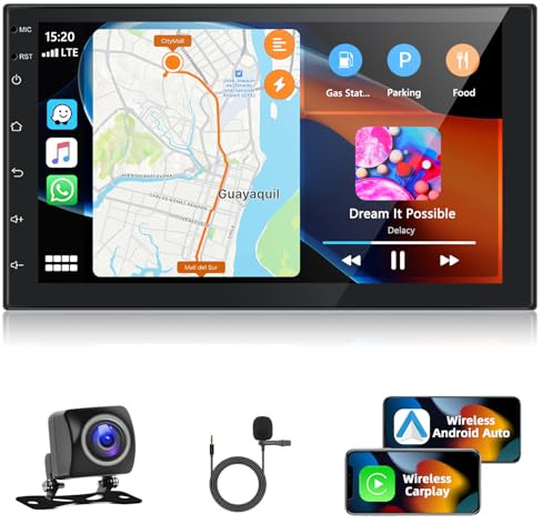Motorsi 4GB+64GB Carplay Autoradio Schermo con Wireless Android Auto, Android 2 Din 7 Pollici Touchscreen con GPS Bluetooth SWC FM/RDS Radio WiFi USB Ricevitore + AHD Telecamera Posteriore