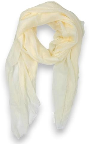 Ziona Leichtes Tuch Damen Sommer Schal dünn einfarbig Frühling Uni Halstuch Crinkle mit feinen Fransen (Creme)