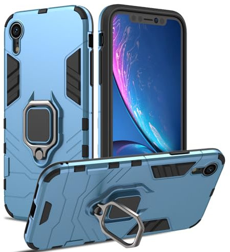 Case for iPhone XR, Shockproof Cover with 360° Metal Ring Stand, Anti-Scratch Hard Protective Case, Full Body Bumper Case with Camera Protection (Blue)