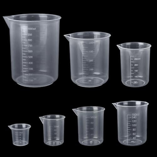 Messbecher Set, 7 Stück Measuring Cups, Messbecher 25ml 50ml 100ml 150ml 250ml 500ml 1000ml, Kunststoff ML Messbecher mit Skala für Labor, Küche und Waschmittel