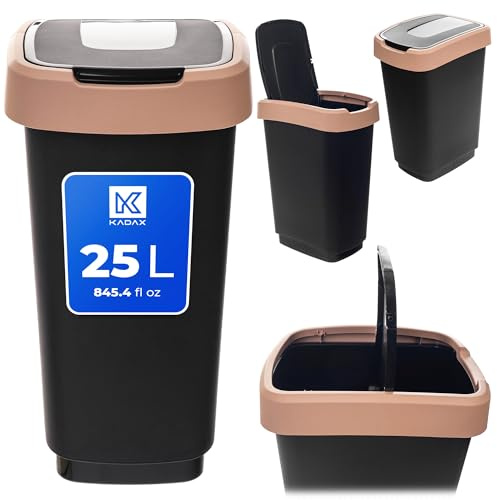 KADAX Mülleimer 25L, Abfalleimer mit Schwingdeckel, Abfallbehälter aus Kunststoff, Müllbehälter mit Deckel, Mülltrennsystem für Küche & Büro (Braun)