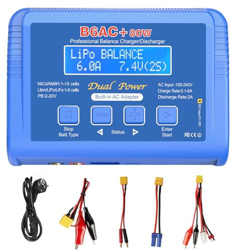 Haisito Lipo Ladegerät 80W 6A - Balance Ladegerät für Li-Ion, Life, NiMH, NiCd, LiHV, Pb | RC Akku Charger mit integriertem Adapter | Lipo Balance Charger für Airsoft, RC Autos, Boote, Drohnen
