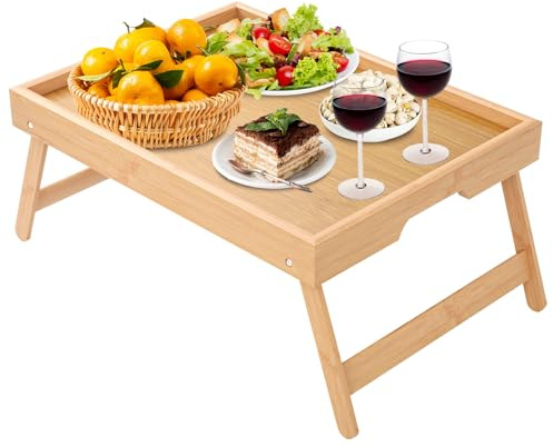 LEKEFETO Vassoio da letto in bambù con gambe pieghevoli, vassoio da portata per colazione a letto, vassoio per computer portatile, vassoio per snack per letto e divano, 40 x 30 x 19 cm