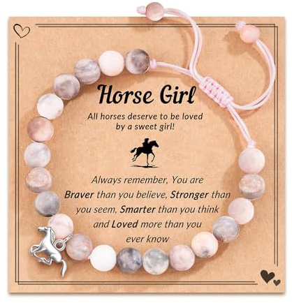 XFSRG Bracciale Horse Girl con pietre naturali Corda intrecciata rosa, ciondolo cavallo e messaggi motivazionali per amanti dell’equitazione