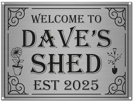 Personalised Shed Sign – A5 Brushed Silver Aluminium Plaque with Name & Est. Year – Outdoor Workshop/Garden Sign (20 x 15 cm)