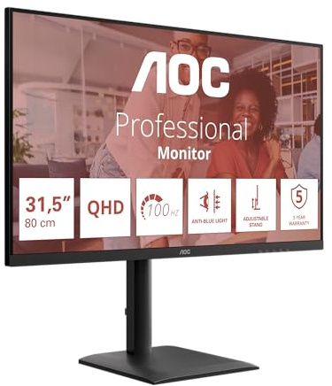 AOC Q32E4U 32 Zoll WQHD USB Hub Monitor, 100Hz, IPS Panel, 4ms GtG, HDR Mode, Höhenverstellung,Lautsprecher,(2560x1440 HDMI 2X 2.1 TMDS DP 1x 1.2) Schwarz